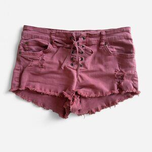 y2k lace up low rise distressed faded red denim mini shorts